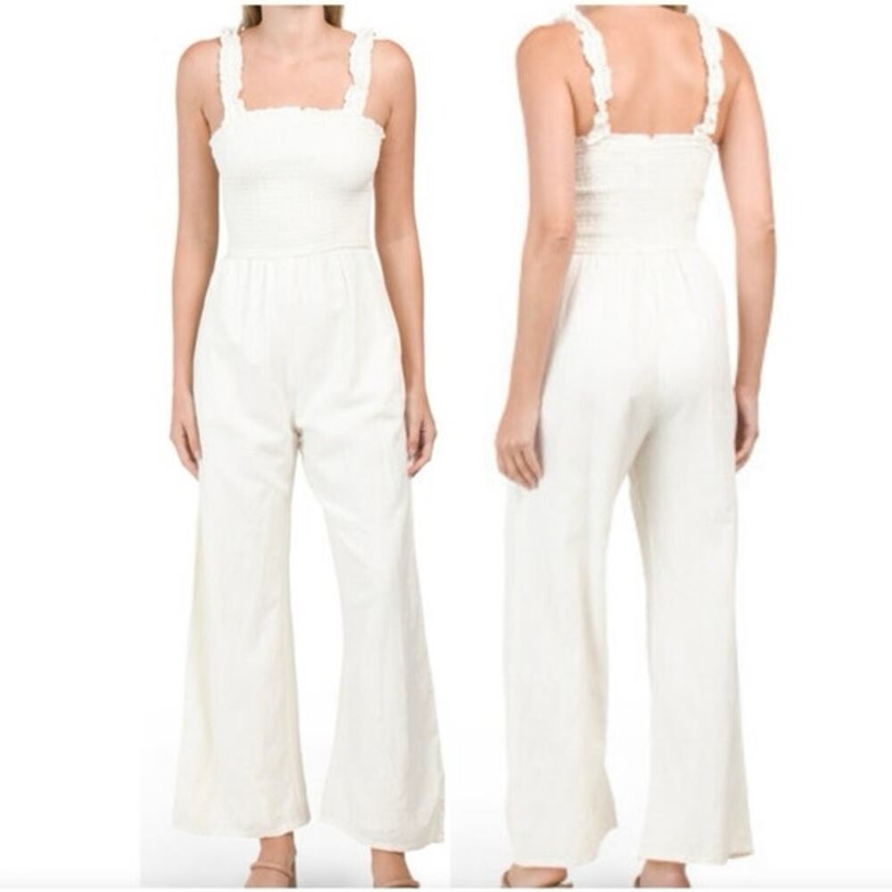 Jessica Simpson Linen Jumpsuit Small Ivory Cottage Wide Leg Smocked Boho Peasant - Picture 1 of 8